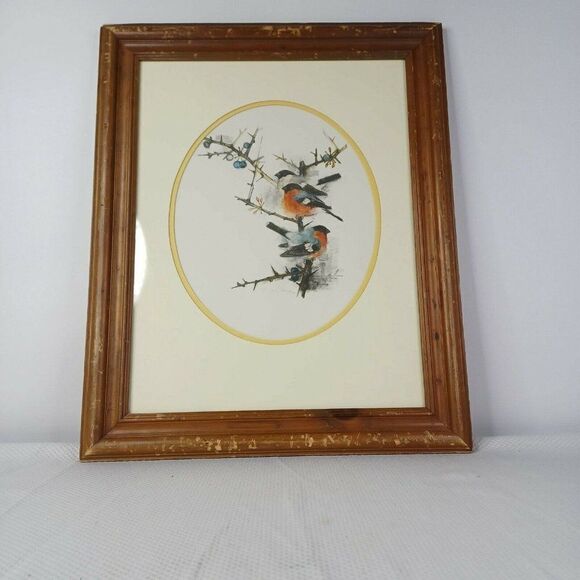 Vintage 80s Framed Danish Watercolor Bird Series Artist Mads Stage Spring Robins - Picture 6 of 8